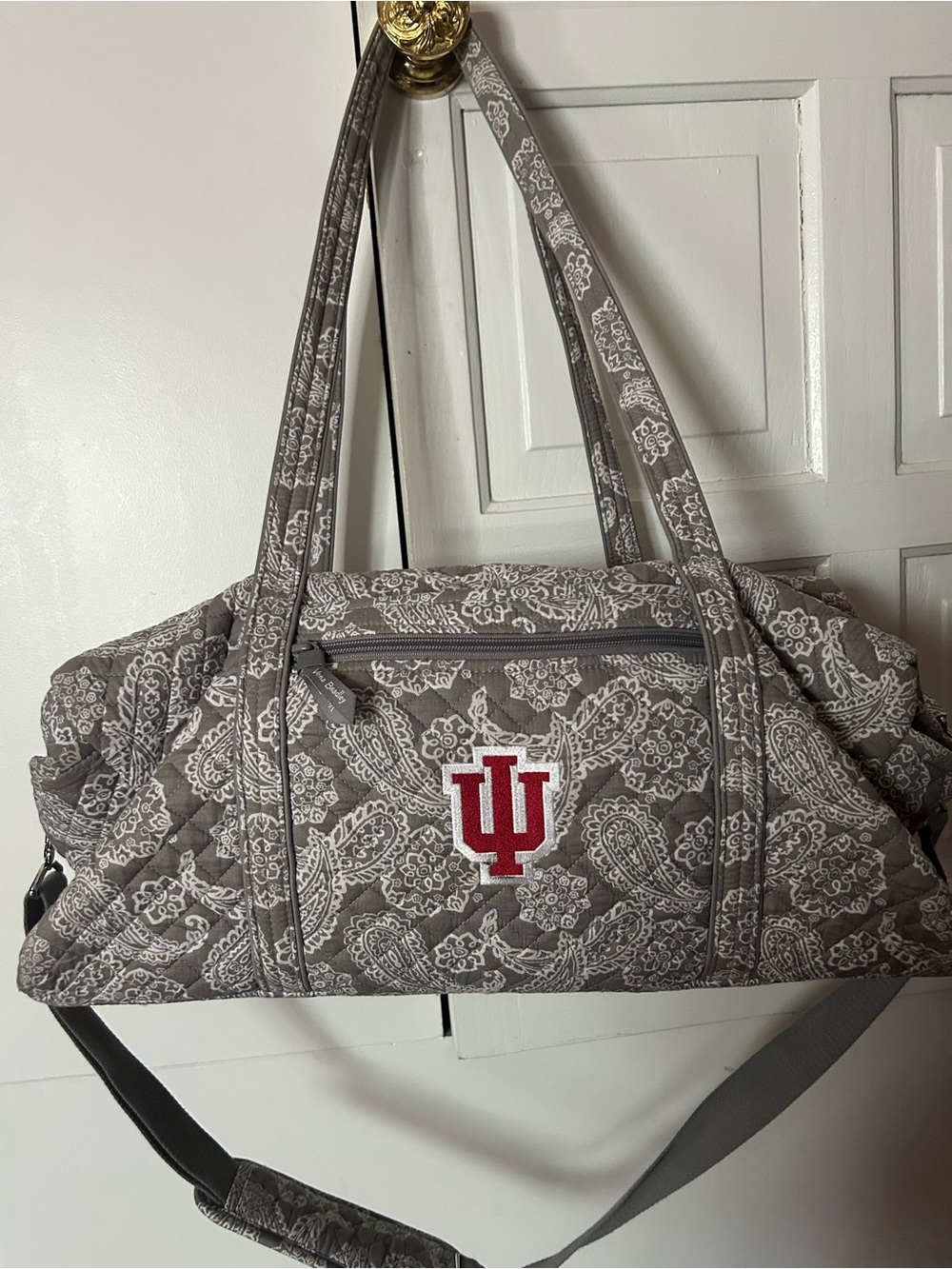 Gray Quilted Paisley Weekend Duffel with Red IU Logo